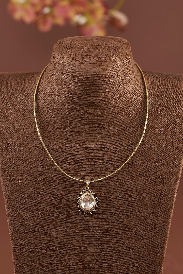 Gold Finish Moissanite Polki Enamelled Pendant Necklace Set In Sterling Silver by STELLA CREATIONS at Pernia's Pop Up Shop