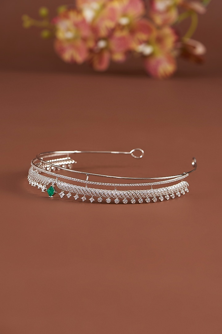 White Finish Synthetic Emerald Stone & Zircon Tiara In Sterling Silver by STELLA CREATIONS at Pernia's Pop Up Shop