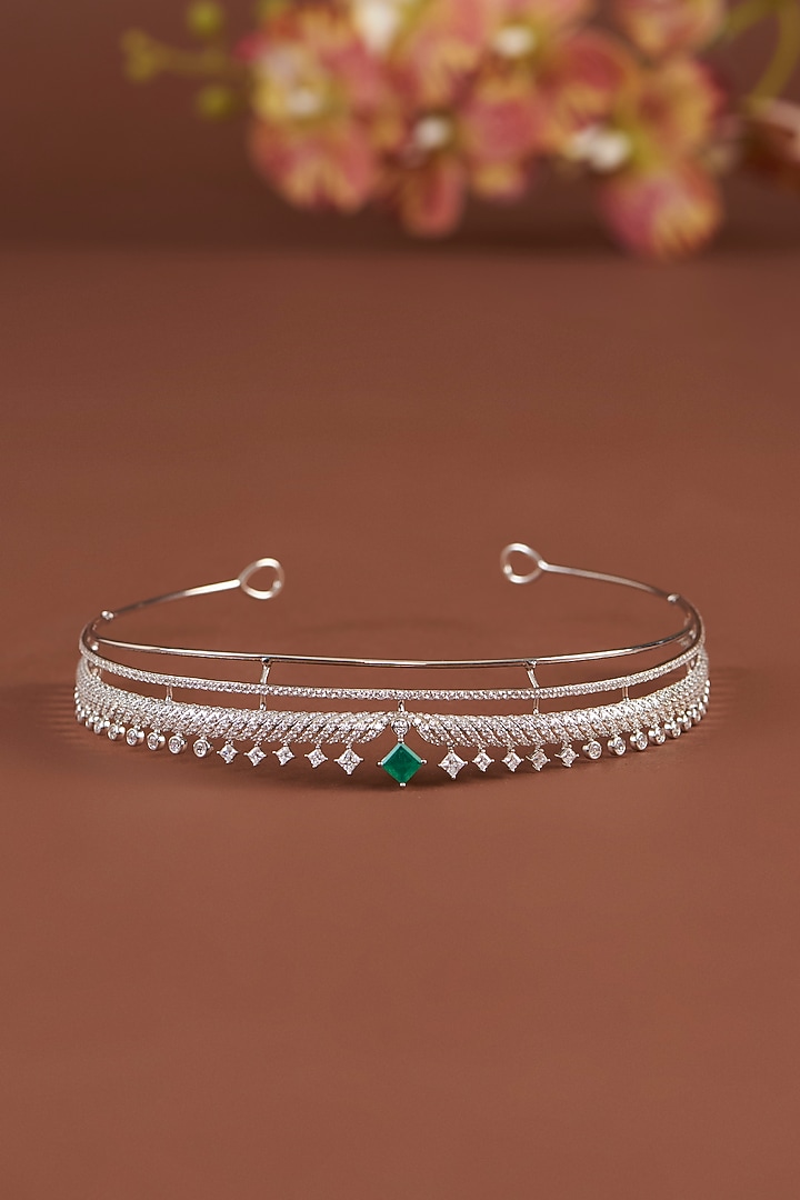 White Finish Synthetic Emerald Stone & Zircon Tiara In Sterling Silver by STELLA CREATIONS at Pernia's Pop Up Shop