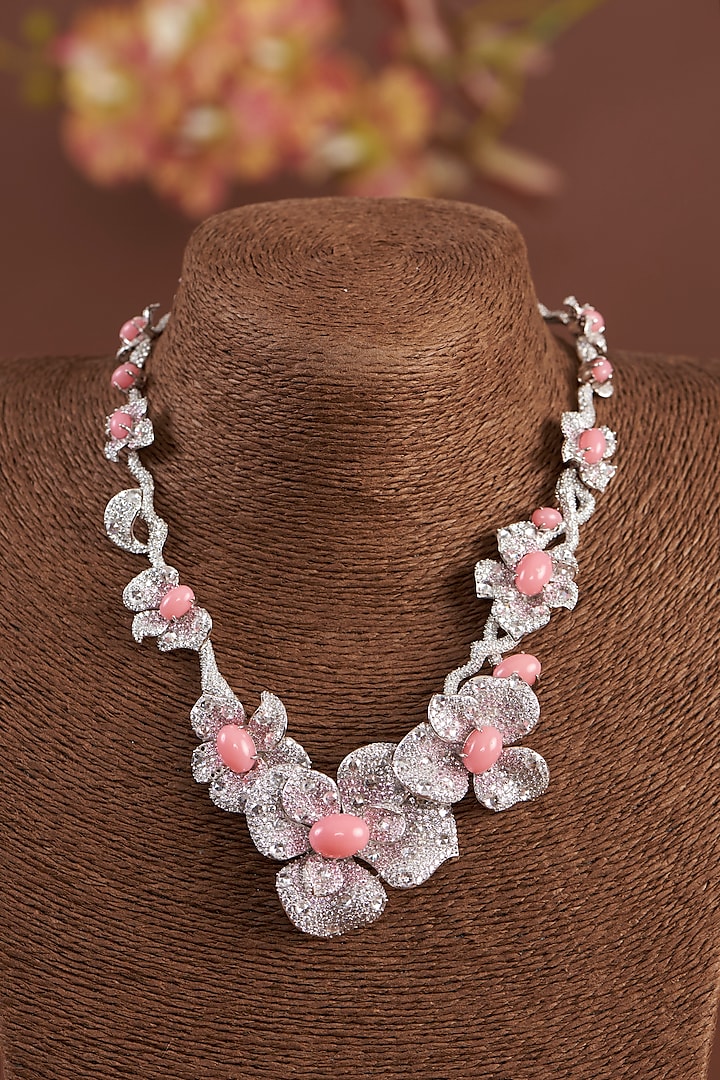 White Finish Zircon & Synthetic Coral Stone Necklace Set In Sterling Silver by STELLA CREATIONS at Pernia's Pop Up Shop