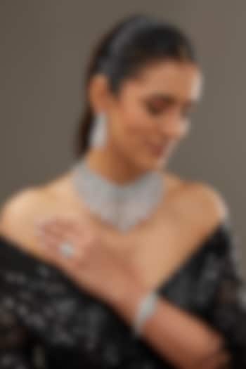 White Finish Zircon & Synthetic Emerald Stone Necklace Set In Sterling Silver by STELLA CREATIONS at Pernia's Pop Up Shop