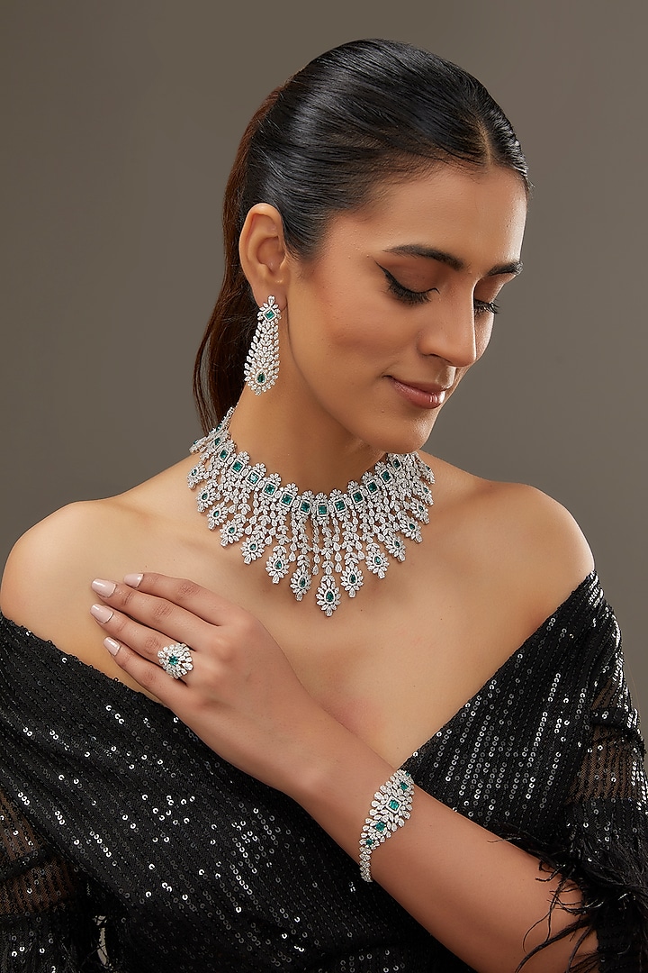 White Finish Zircon & Synthetic Emerald Stone Necklace Set In Sterling Silver by STELLA CREATIONS at Pernia's Pop Up Shop