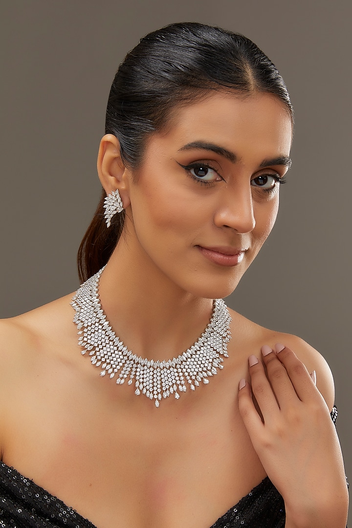 White Finish Zircon Necklace Set In Sterling Silver by STELLA CREATIONS at Pernia's Pop Up Shop
