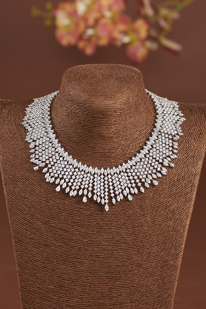 White Finish Zircon Necklace Set In Sterling Silver by STELLA CREATIONS at Pernia's Pop Up Shop