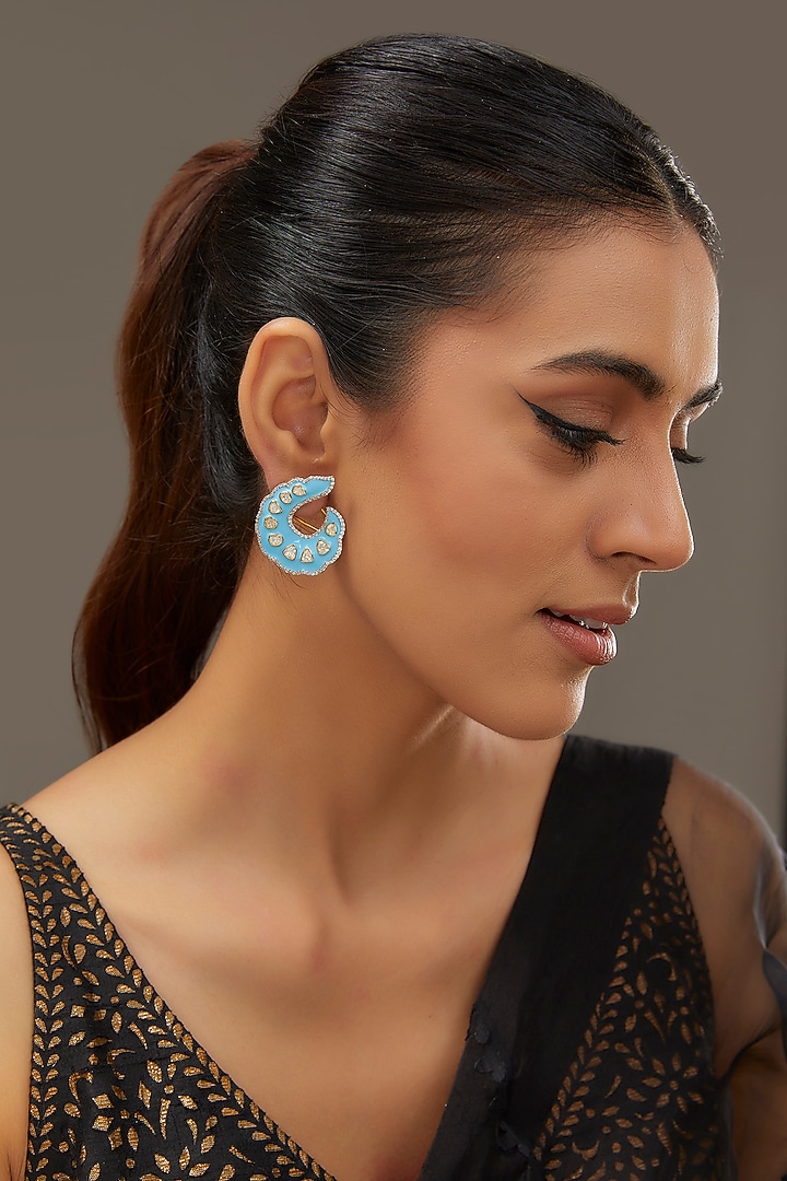 Gold Finish Moissanite Polki Enamelled Stud Earrings In Sterling Silver by STELLA CREATIONS at Pernia's Pop Up Shop