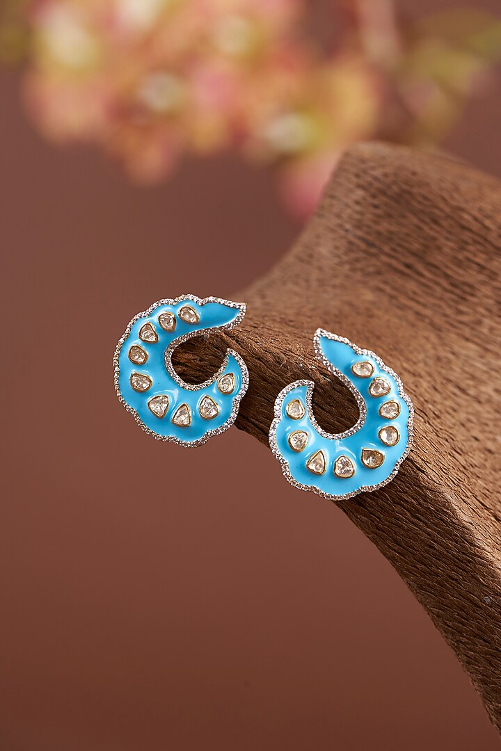 Gold Finish Moissanite Polki Enamelled Stud Earrings In Sterling Silver by STELLA CREATIONS at Pernia's Pop Up Shop