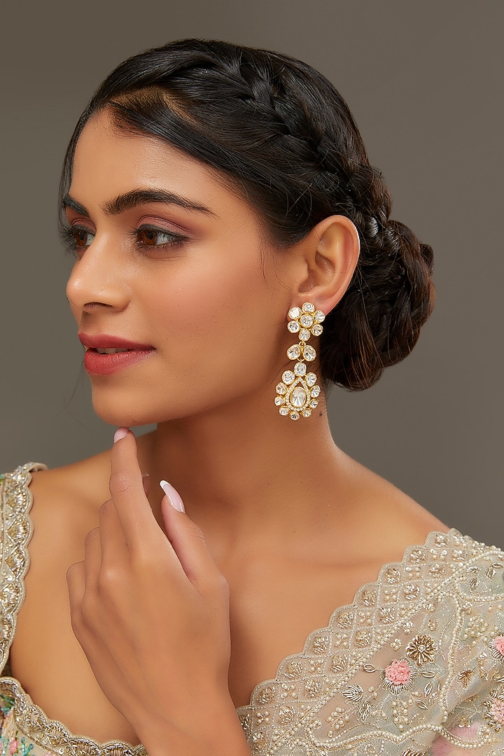 Gold Finish Moissanite Polki Dangler Earrings In Sterling Silver by STELLA CREATIONS at Pernia's Pop Up Shop