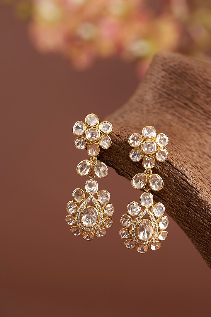 Gold Finish Moissanite Polki Dangler Earrings In Sterling Silver by STELLA CREATIONS at Pernia's Pop Up Shop