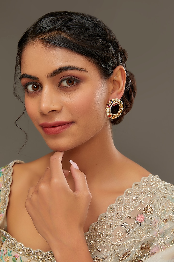 Gold Finish Moissanite Polki & Synthetic Navratna Stone Stud Earrings In Sterling Silver by STELLA CREATIONS at Pernia's Pop Up Shop