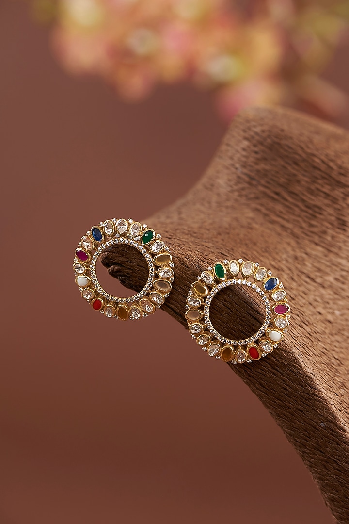 Gold Finish Moissanite Polki & Synthetic Navratna Stone Stud Earrings In Sterling Silver by STELLA CREATIONS at Pernia's Pop Up Shop