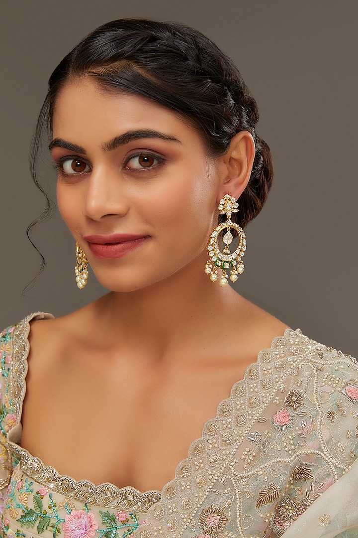 Gold Finish Moissanite Polki & Freshwater Pearl Dangler Earrings In Sterling Silver by STELLA CREATIONS at Pernia's Pop Up Shop