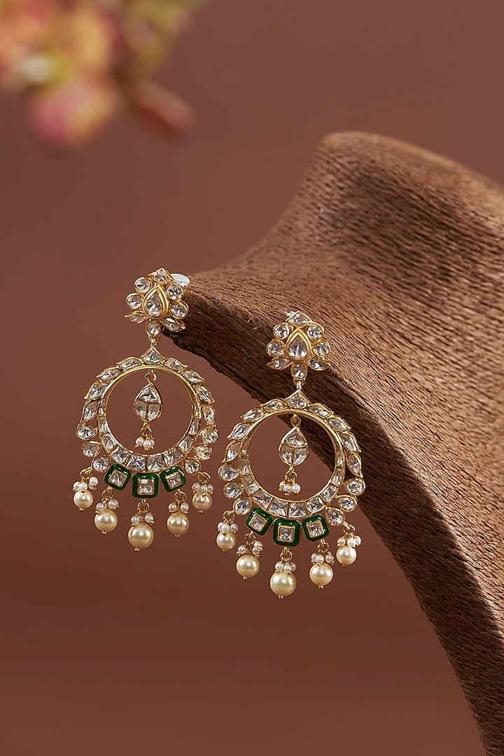 Gold Finish Moissanite Polki & Freshwater Pearl Dangler Earrings In Sterling Silver by STELLA CREATIONS at Pernia's Pop Up Shop