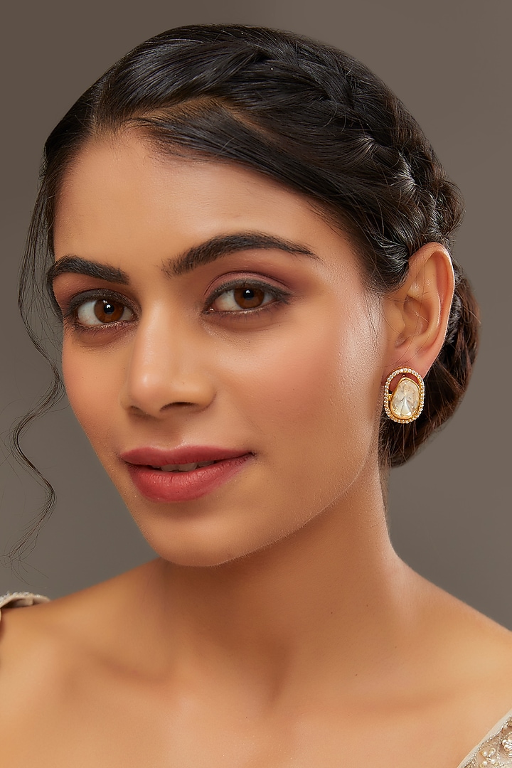 Gold Finish Moissanite Polki & Zircon Stud Earrings In Sterling Silver by STELLA CREATIONS at Pernia's Pop Up Shop
