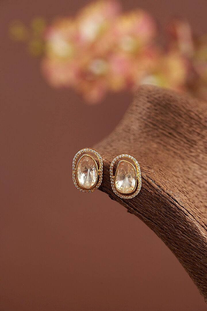 Gold Finish Moissanite Polki & Zircon Stud Earrings In Sterling Silver by STELLA CREATIONS at Pernia's Pop Up Shop