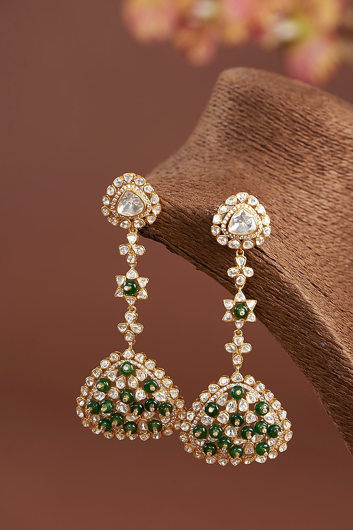 Gold Finish Moissanite Polki & Synthetic Emerald Dangler Earrings In Sterling Silver by STELLA CREATIONS at Pernia's Pop Up Shop