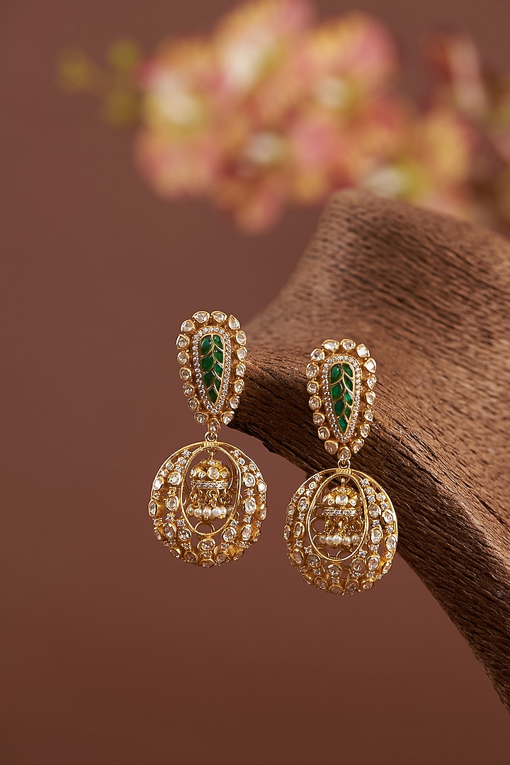 Gold Finish Moissanite Polki & Synthetic Emerald Dangler Earrings In Sterling Silver by STELLA CREATIONS at Pernia's Pop Up Shop