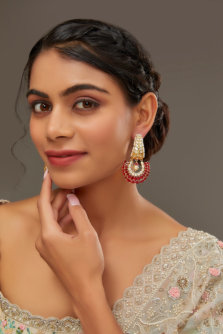 Gold Finish Moissanite Polki & Freshwater Pearl Dangler Earrings In Sterling Silver by STELLA CREATIONS at Pernia's Pop Up Shop