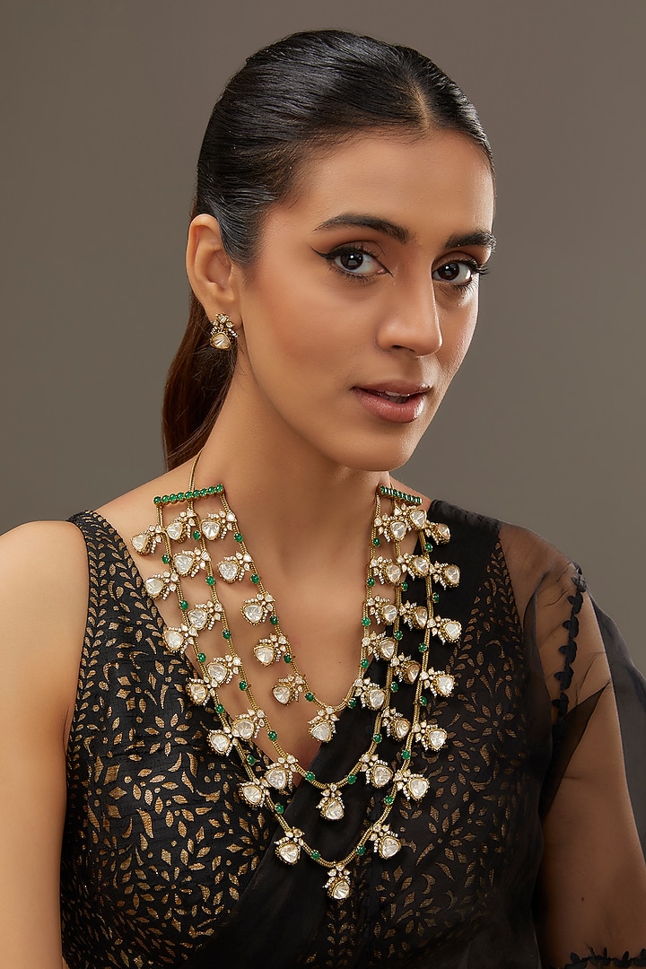 Black Rhodium Finish Moissanite Polki & Synthetic Emerald Necklace Set In Sterling Silver by STELLA CREATIONS at Pernia's Pop Up Shop