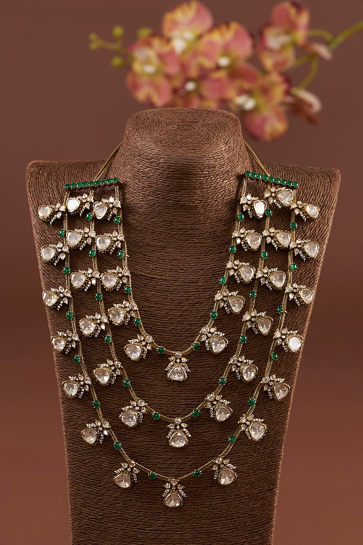 Black Rhodium Finish Moissanite Polki & Synthetic Emerald Necklace Set In Sterling Silver by STELLA CREATIONS at Pernia's Pop Up Shop