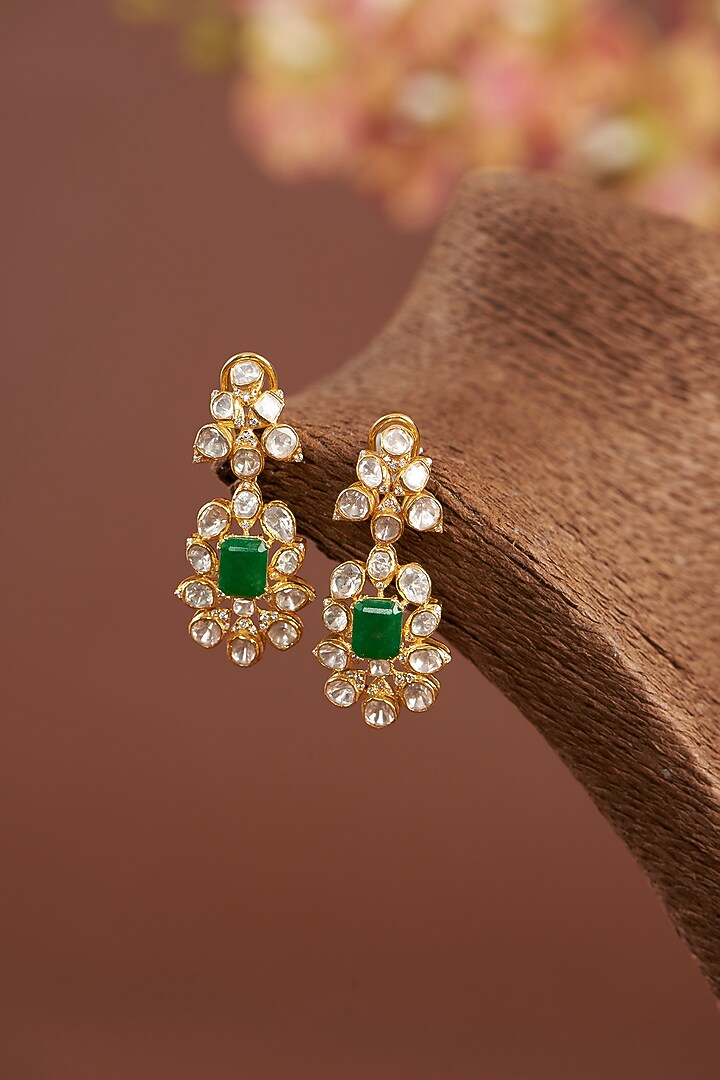 Gold Finish Moissanite Polki & Synthetic Emerald Necklace Set In Sterling Silver by STELLA CREATIONS at Pernia's Pop Up Shop