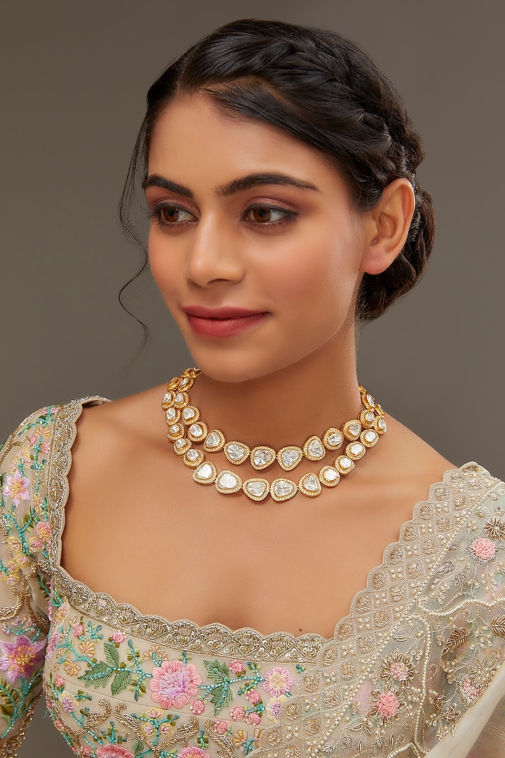 Gold Finish Moissanite Polki Necklace In Sterling Silver by STELLA CREATIONS at Pernia's Pop Up Shop
