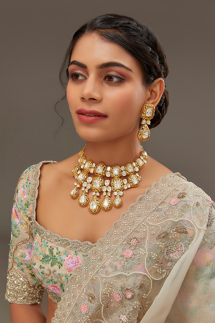Gold Finish Moissanite Polki Necklace Set In Sterling Silver by STELLA CREATIONS at Pernia's Pop Up Shop