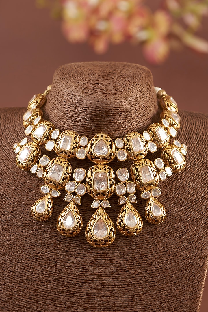 Gold Finish Moissanite Polki Necklace Set In Sterling Silver by STELLA CREATIONS at Pernia's Pop Up Shop