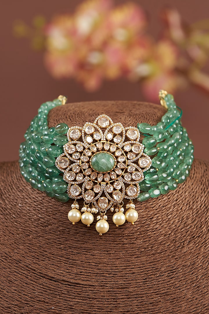 Gold Finish Moissanite Polki & Synthetic Emerald Necklace Set In Sterling Silver by STELLA CREATIONS at Pernia's Pop Up Shop