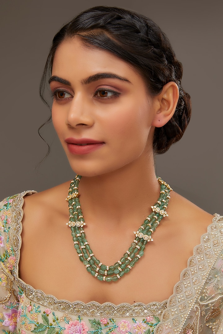 Gold Finish Moissanite Polki & Synthetic Emerald Necklace In Sterling Silver by STELLA CREATIONS at Pernia's Pop Up Shop