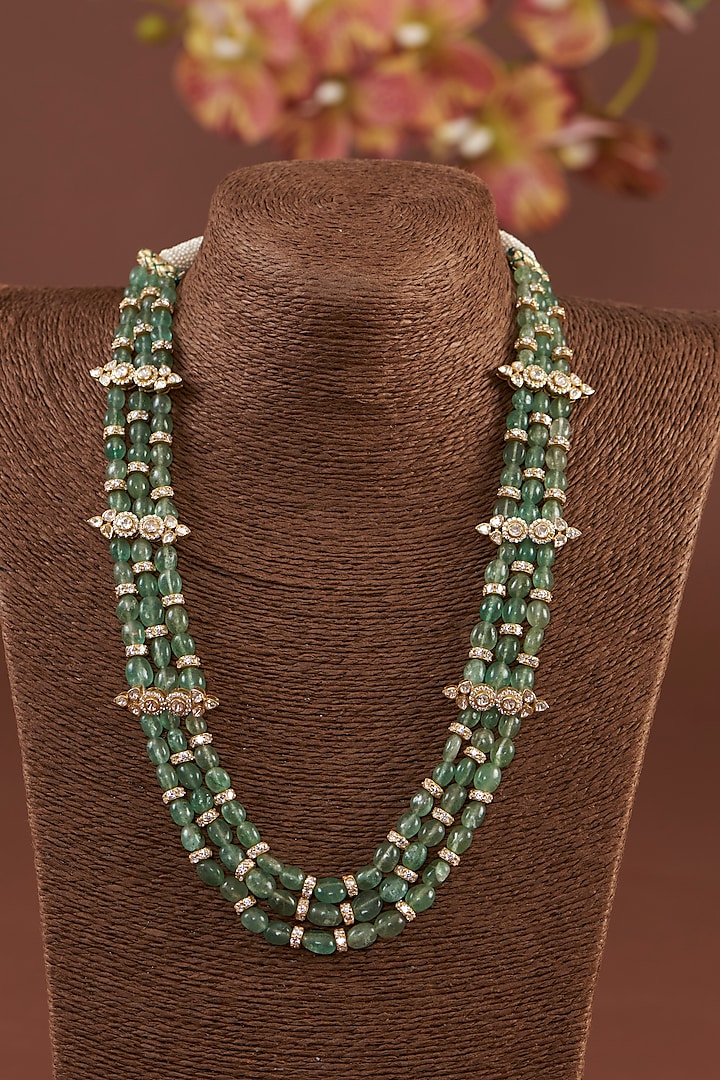 Gold Finish Moissanite Polki & Synthetic Emerald Necklace In Sterling Silver by STELLA CREATIONS at Pernia's Pop Up Shop