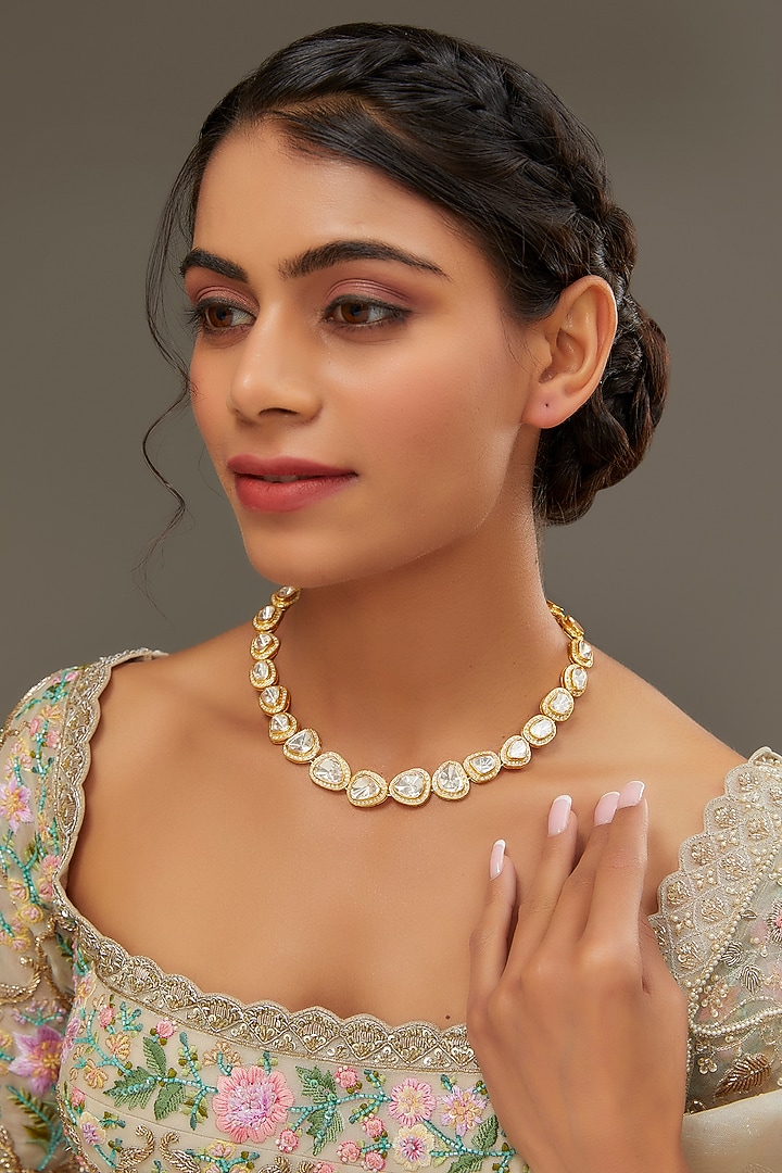 Gold Finish Moissanite Polki Necklace In Sterling Silver by STELLA CREATIONS at Pernia's Pop Up Shop