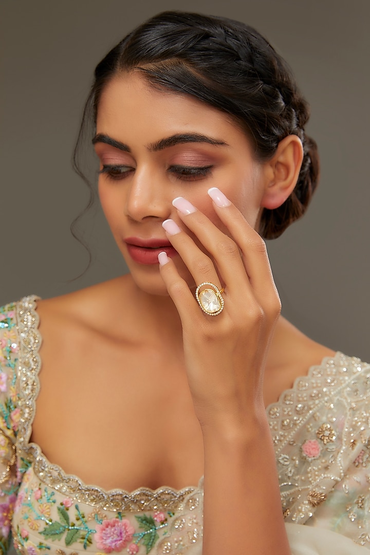 Gold Finish Moissanite Polki & Zircon Ring In Sterling Silver by STELLA CREATIONS at Pernia's Pop Up Shop