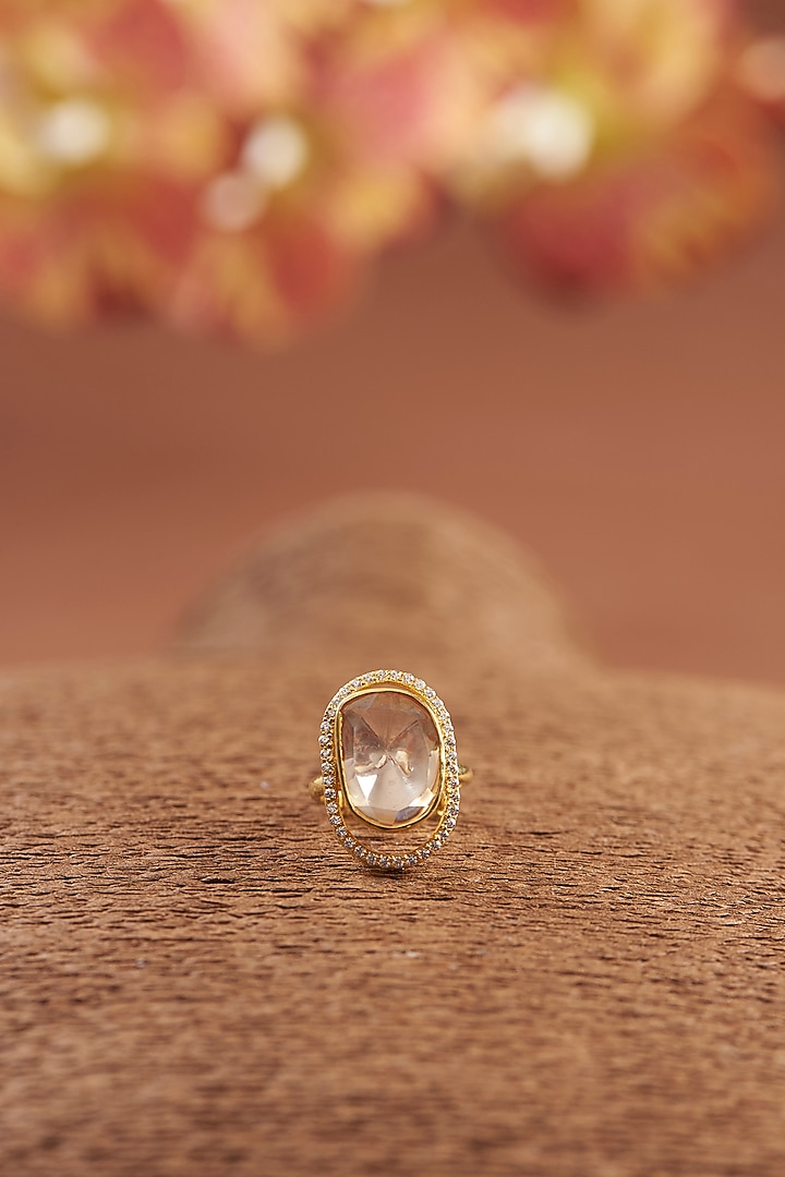 Gold Finish Moissanite Polki & Zircon Ring In Sterling Silver by STELLA CREATIONS at Pernia's Pop Up Shop