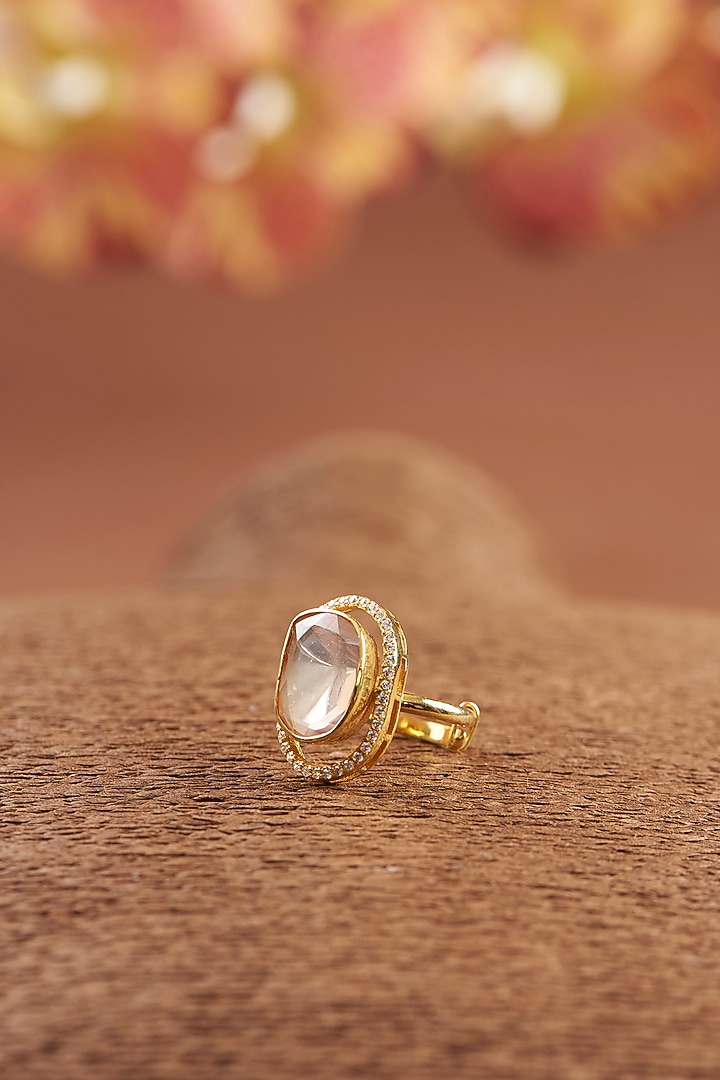 Gold Finish Moissanite Polki & Zircon Ring In Sterling Silver by STELLA CREATIONS at Pernia's Pop Up Shop