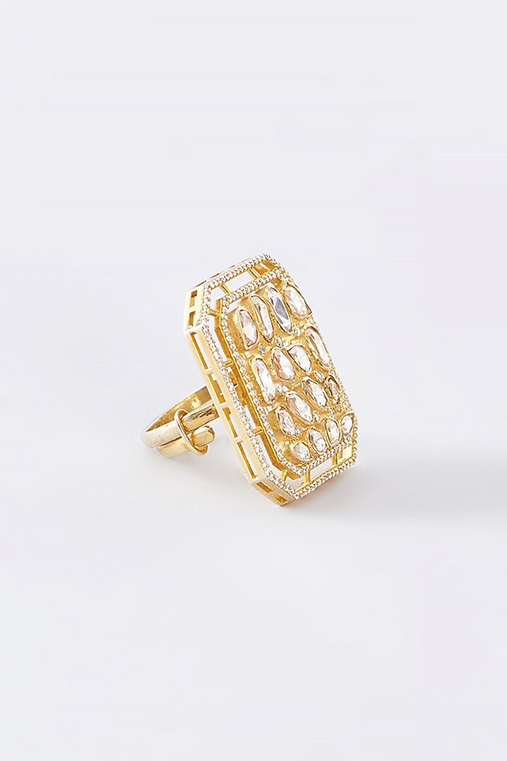 Gold Finish Moissanite Polki Ring In Sterling Silver by STELLA CREATIONS at Pernia's Pop Up Shop