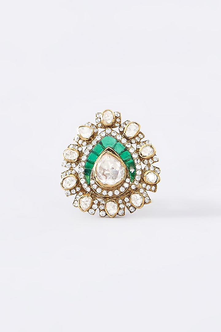 Gold Finish Moissanite Polki Ring In Sterling Silver by STELLA CREATIONS at Pernia's Pop Up Shop