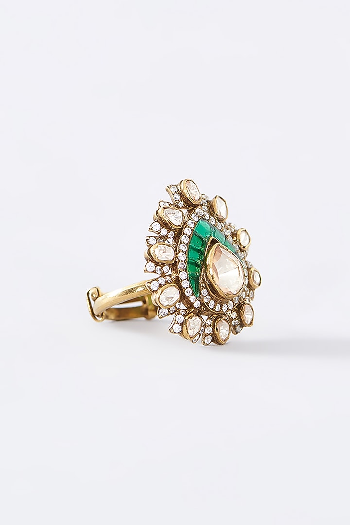 Gold Finish Moissanite Polki Ring In Sterling Silver by STELLA CREATIONS at Pernia's Pop Up Shop