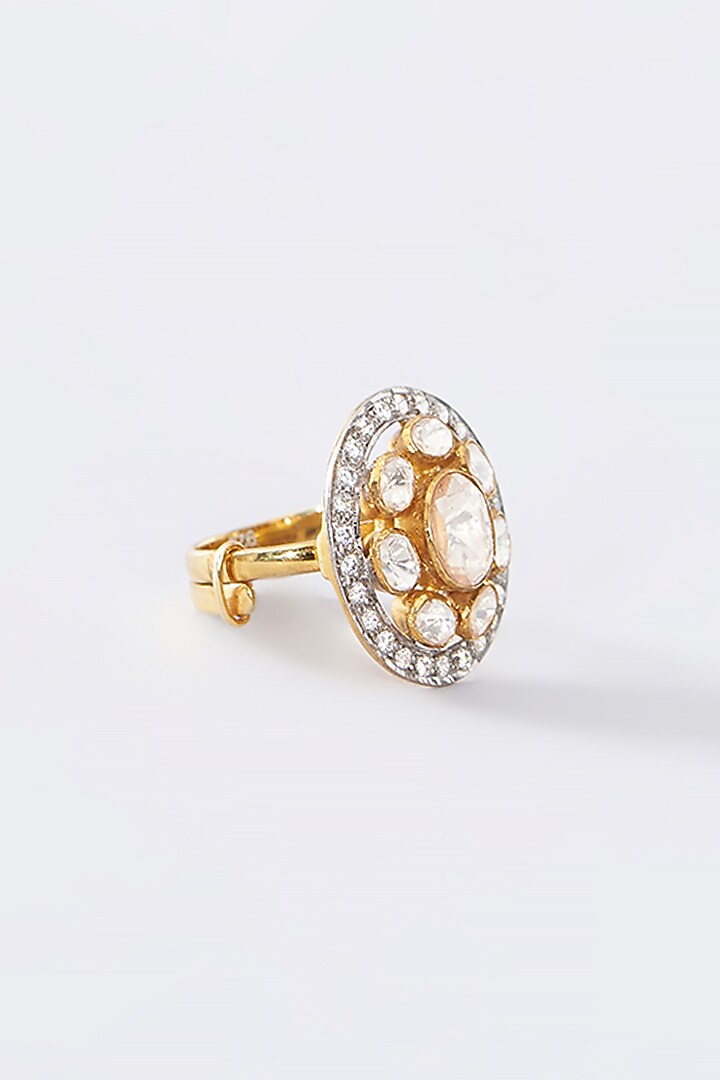 Gold Finish Moissanite Polki Ring In Sterling Silver by STELLA CREATIONS at Pernia's Pop Up Shop