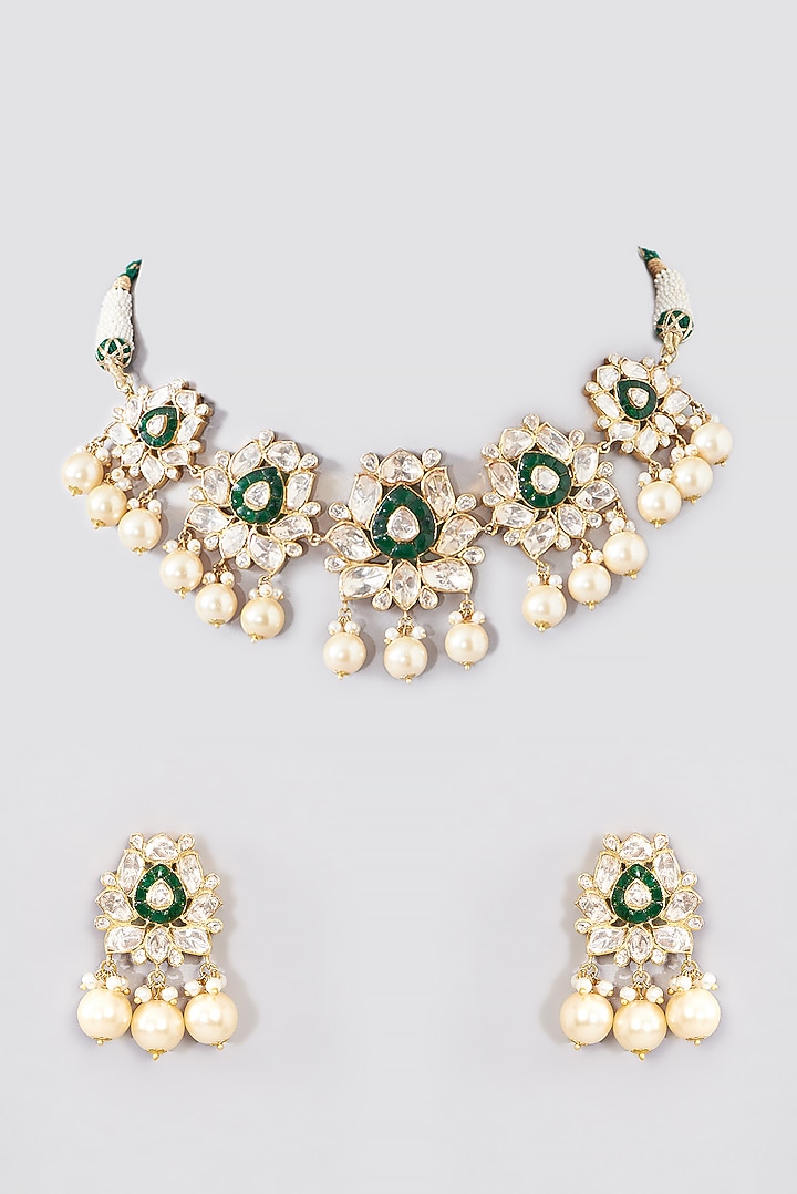 Gold Finish Synthetic Emerald Necklace Set In Sterling Silver by STELLA CREATIONS at Pernia's Pop Up Shop