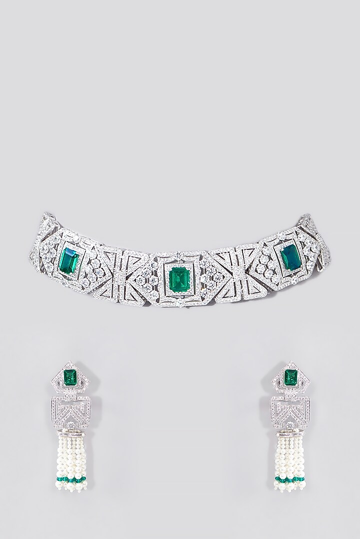 White Finish Synthetic Emerald Choker Necklace Set In Sterling Silver by STELLA CREATIONS at Pernia's Pop Up Shop