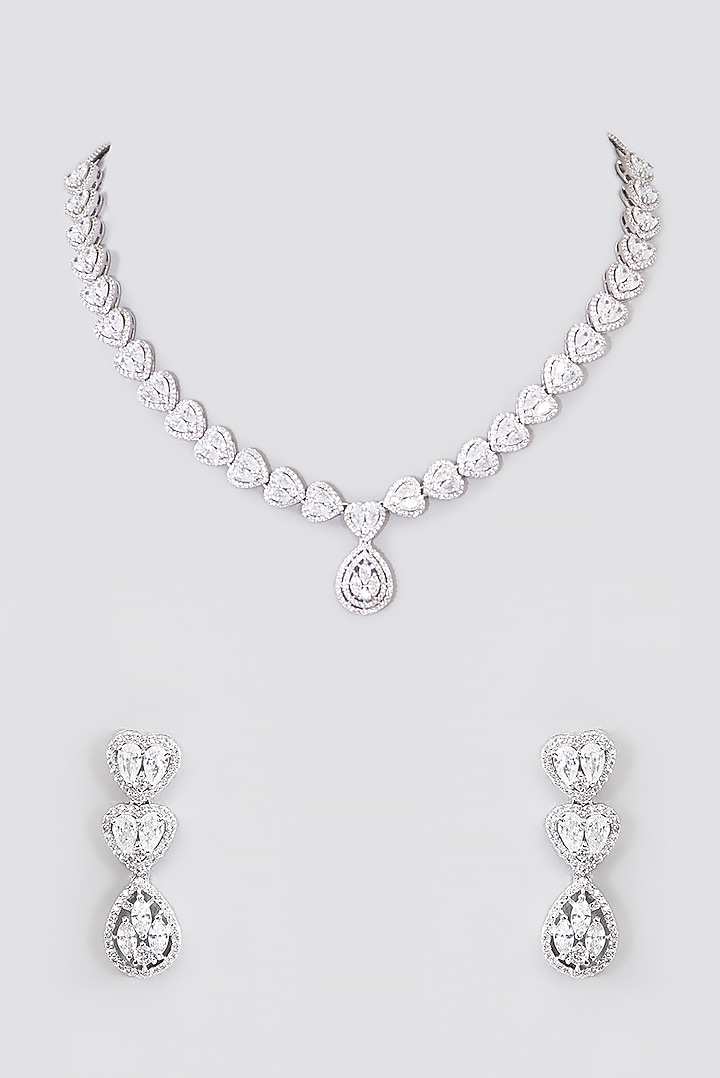 White Finish Cubic Zirconia Necklace Set In Sterling Silver by STELLA CREATIONS at Pernia's Pop Up Shop