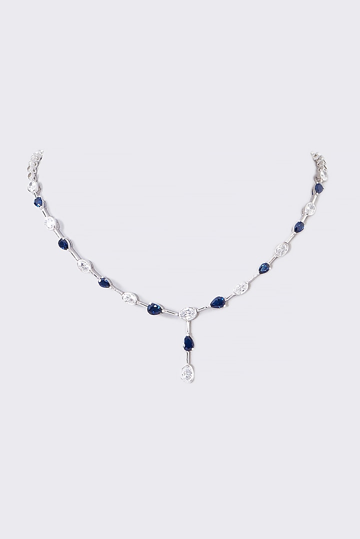 White Finish Zirconia & Synthetic Sapphire Necklace Set In Sterling Silver by STELLA CREATIONS at Pernia's Pop Up Shop