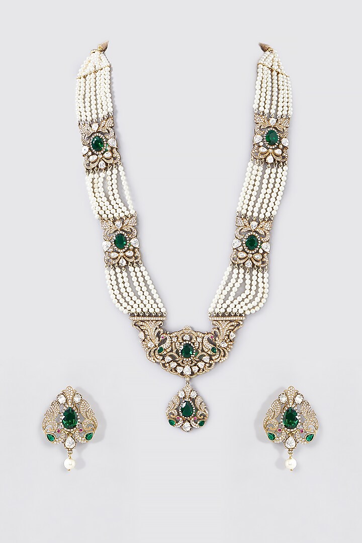 Antique Gold Finish Moissanite Polki Necklace Set In Sterling Silver by STELLA CREATIONS at Pernia's Pop Up Shop