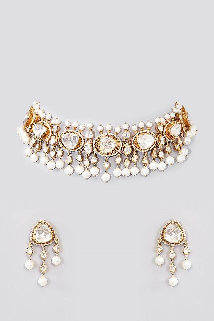 Gold Finish Moissanite Polki & Pearl Choker Necklace Set In Sterling Silver by STELLA CREATIONS at Pernia's Pop Up Shop