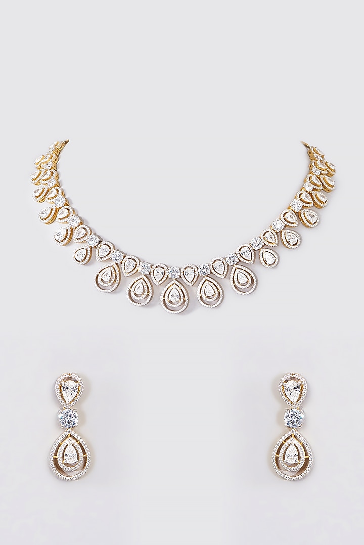 Gold Finish Cubic Zirconia Necklace Set In Sterling Silver by STELLA CREATIONS at Pernia's Pop Up Shop