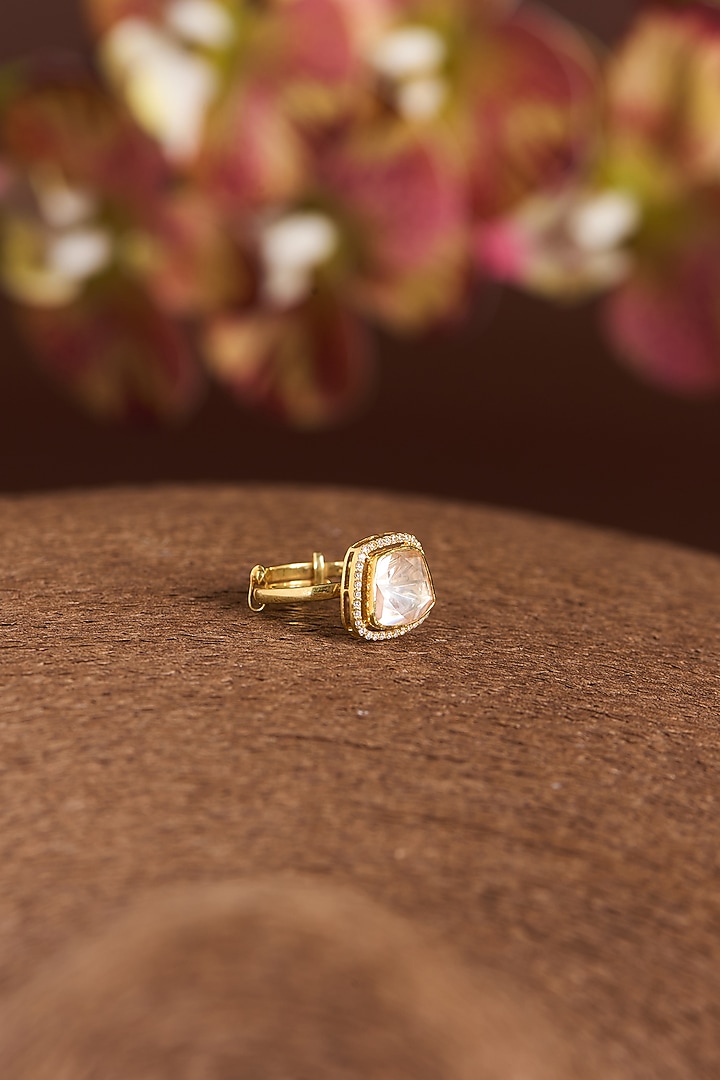 Gold Finish Moissanite Polki & CZ Ring In Sterling Silver by STELLA CREATIONS at Pernia's Pop Up Shop