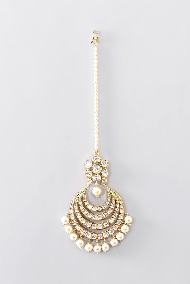Gold Finish Moissanite Polki & Pearl Maangtikka In Sterling Silver by STELLA CREATIONS at Pernia's Pop Up Shop