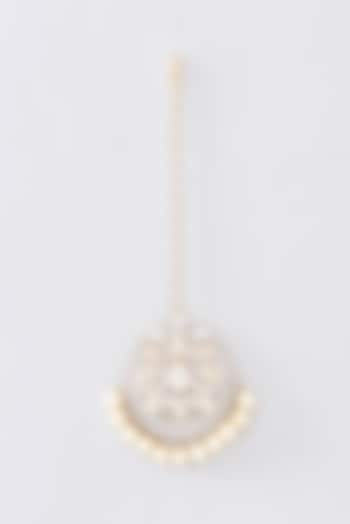 Gold Finish Moissanite Polki & Pearl Maangtikka In Sterling Silver by STELLA CREATIONS at Pernia's Pop Up Shop
