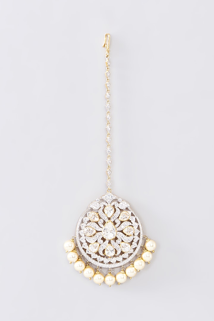 Gold Finish Moissanite Polki & Pearl Maangtikka In Sterling Silver by STELLA CREATIONS at Pernia's Pop Up Shop