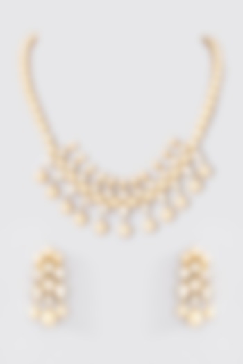 Gold Finish Moissanite Polki & Pearl Necklace Set In Sterling Silver by STELLA CREATIONS at Pernia's Pop Up Shop